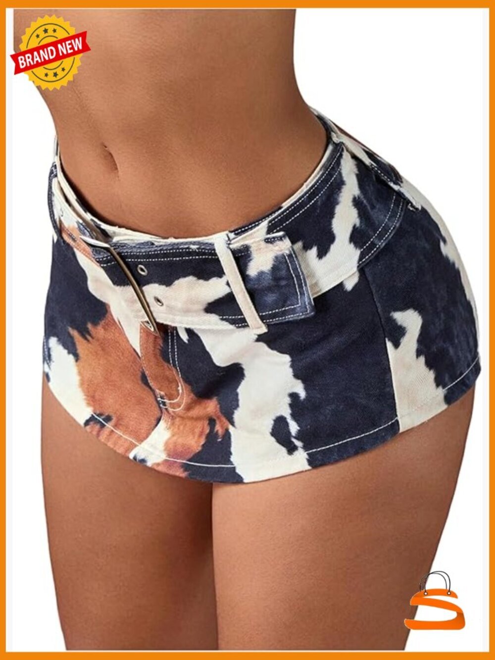 Womens Low Rise Cow Print Denim Skort Y2k Belted Micro Mini Jean Shorts